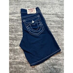Y2K True Religion Board Shorts Mens 36 Navy Blue Contrast Stitching Big T Logo